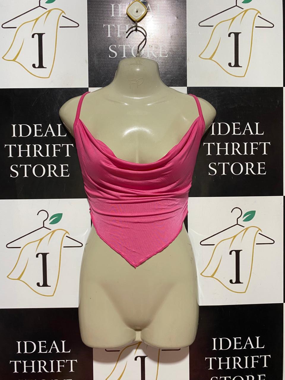 PRETTYLITTLE THING |S| BUST 15| B40| VIBRANT HOT PINK COWL NECK CORSET STYLE HANDKERCHIEF HEM CAMI CROP TOP