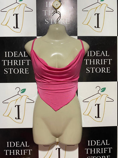 PRETTYLITTLE THING |S| BUST 15| B40| VIBRANT HOT PINK COWL NECK CORSET STYLE HANDKERCHIEF HEM CAMI CROP TOP