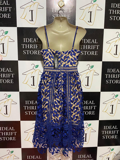 BOOHOO |S| BUST 16| B40| ROYAL BLUE HOLLOW-OUT OVERLAY MIDI DRESS SPAGHETTI STRAP PARTY WEAR