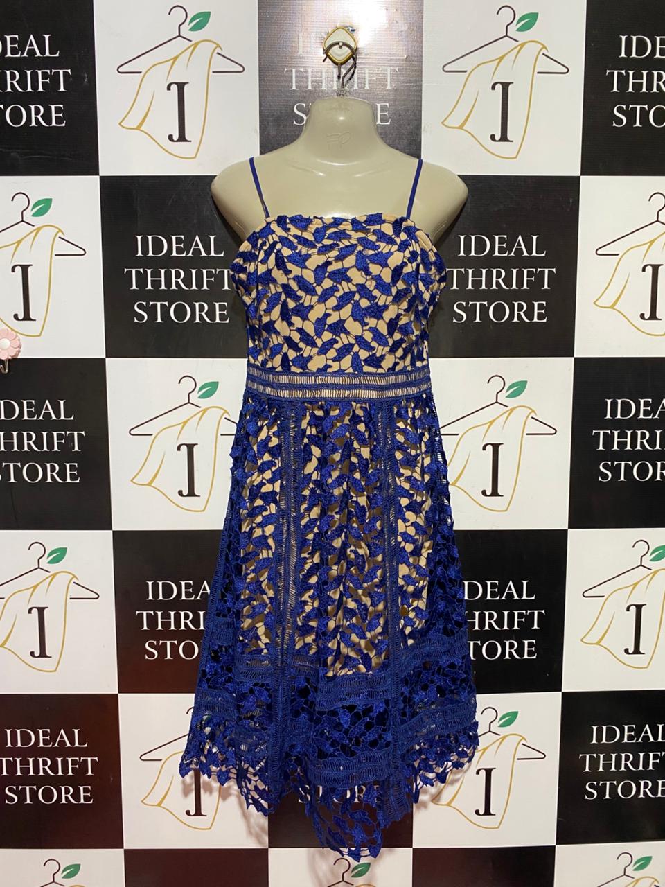 BOOHOO |S| BUST 16| B40| ROYAL BLUE HOLLOW-OUT OVERLAY MIDI DRESS SPAGHETTI STRAP PARTY WEAR