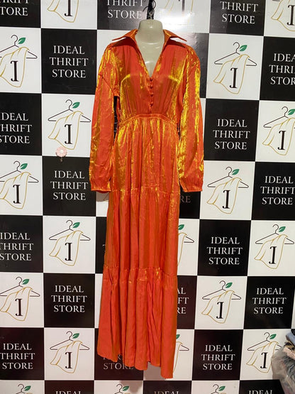 FAERIESTY |M| BUST 18| B40| SHIMMERING METALLIC ORANGE TIERED MAXI DRESS LONG SLEEVE BUTTONFRONT PARTY GOWN