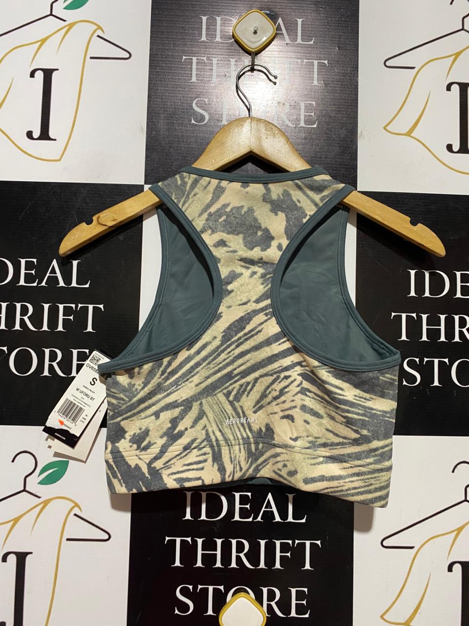 ADIDAS |S| BUST 13| B40| PRIMEGREEN HIGH-NECK SPORTS BRA GREEN ABSTRACT PRINT ACTIVE CROP TOP