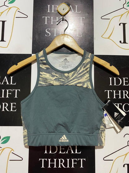 ADIDAS |S| BUST 13| B40| PRIMEGREEN HIGH-NECK SPORTS BRA GREEN ABSTRACT PRINT ACTIVE CROP TOP