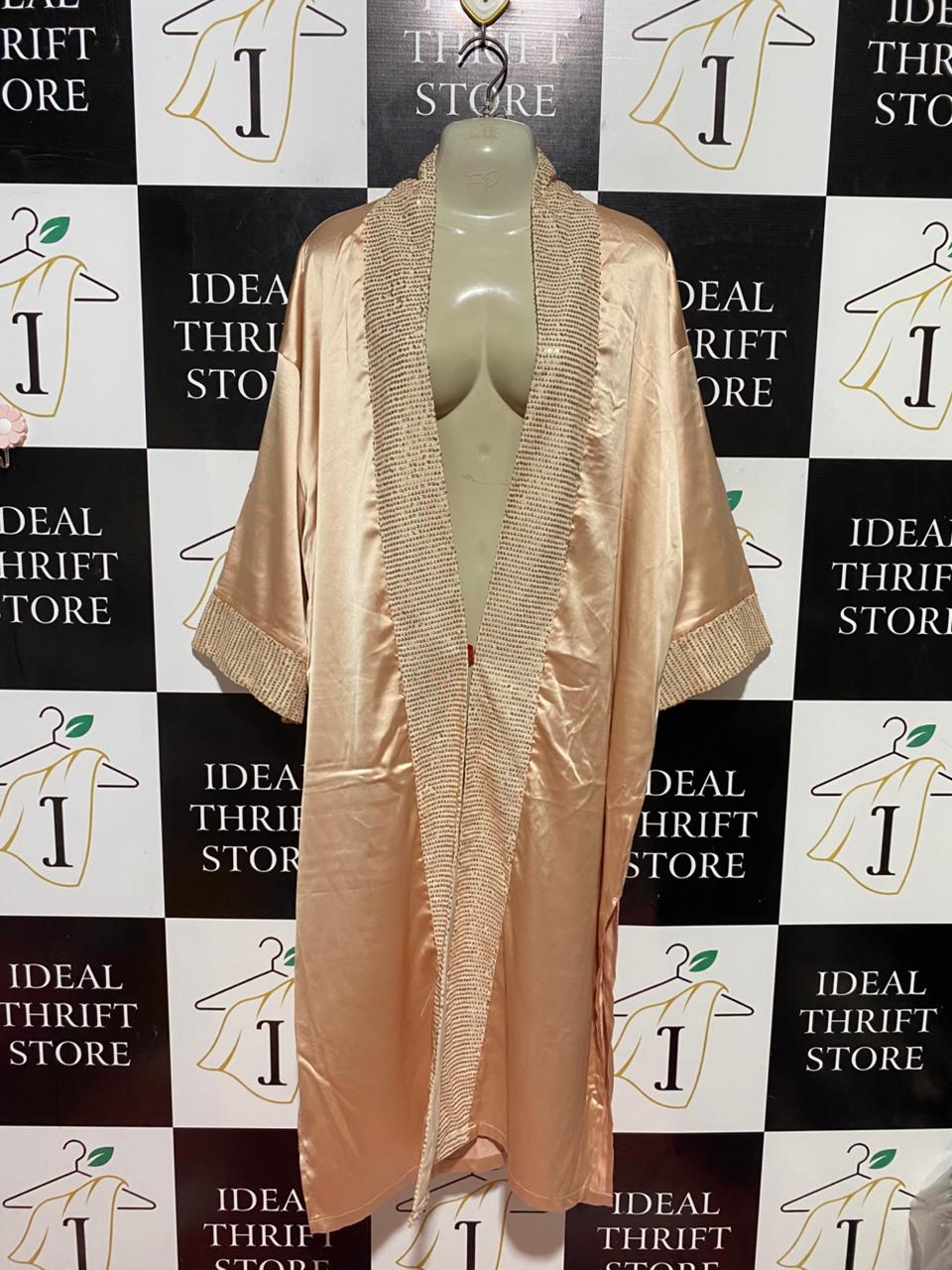 |XL| BUST 24| B40| LUXURY ROSE GOLD SATIN KIMONO CARDIGAN RHINESTONE EMBELLISHED LONG MAXI ROBE