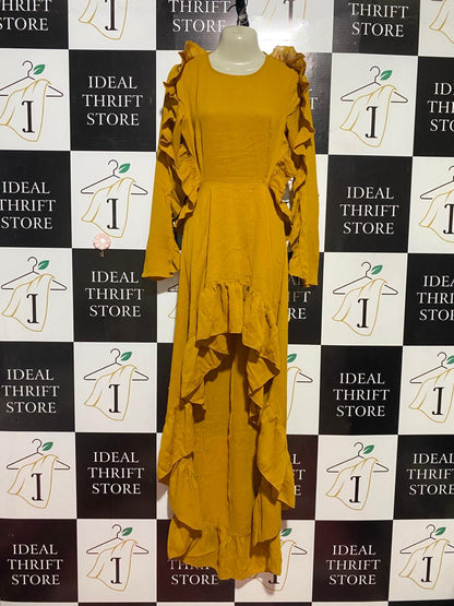 I SAW IT FIRST |M| BUST 18| B40| MUSTARD YELLOW HIGH-LOW RUFFLE MAXI DRESS LONG SLEEVE PARTY GOWN
