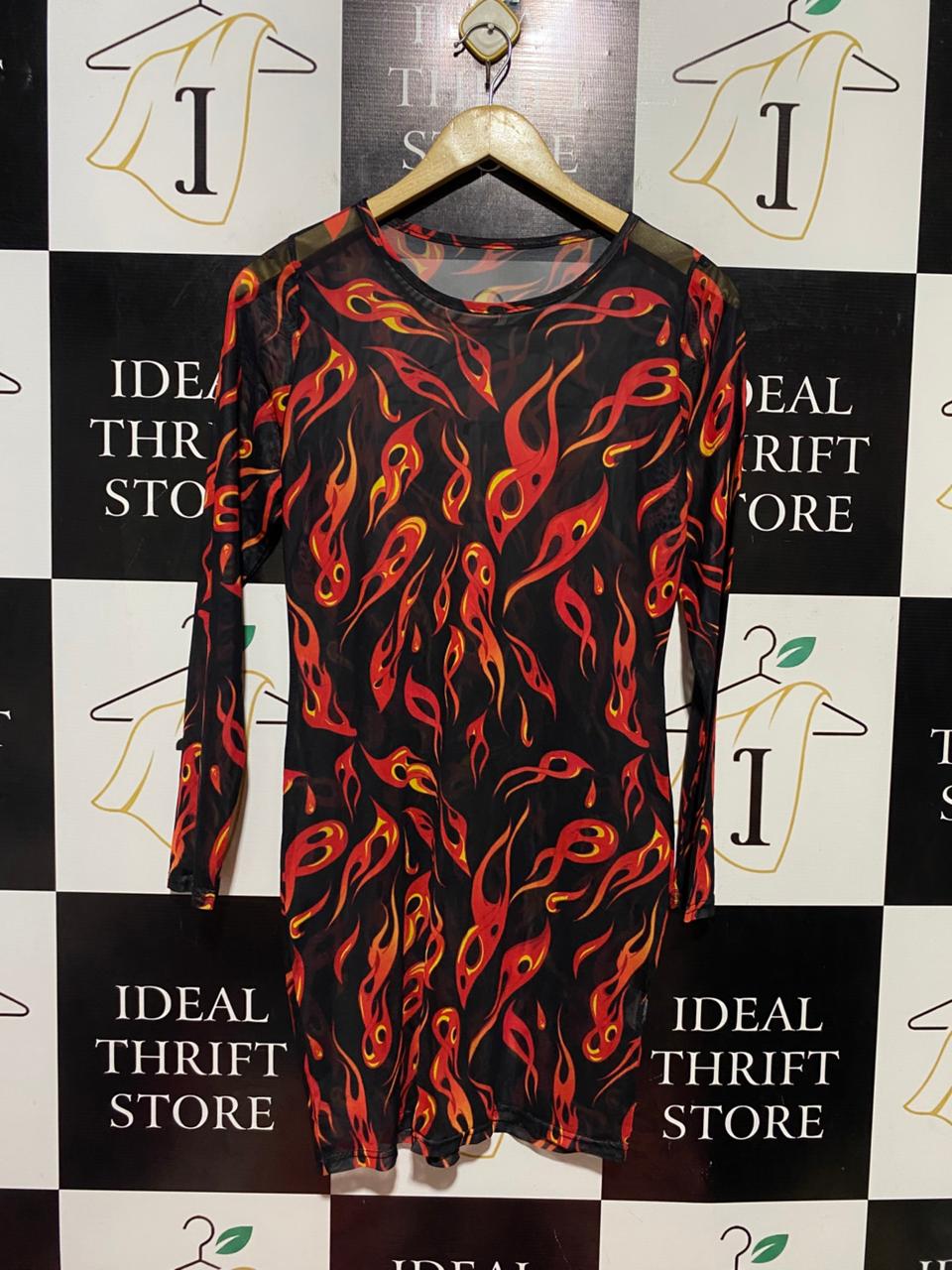 |M| BUST 17| B40| BLACK SHEER MESH FLAME PRINT LONG SLEEVE BODYCON MINI DRESS