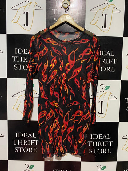 |M| BUST 17| B40| BLACK SHEER MESH FLAME PRINT LONG SLEEVE BODYCON MINI DRESS