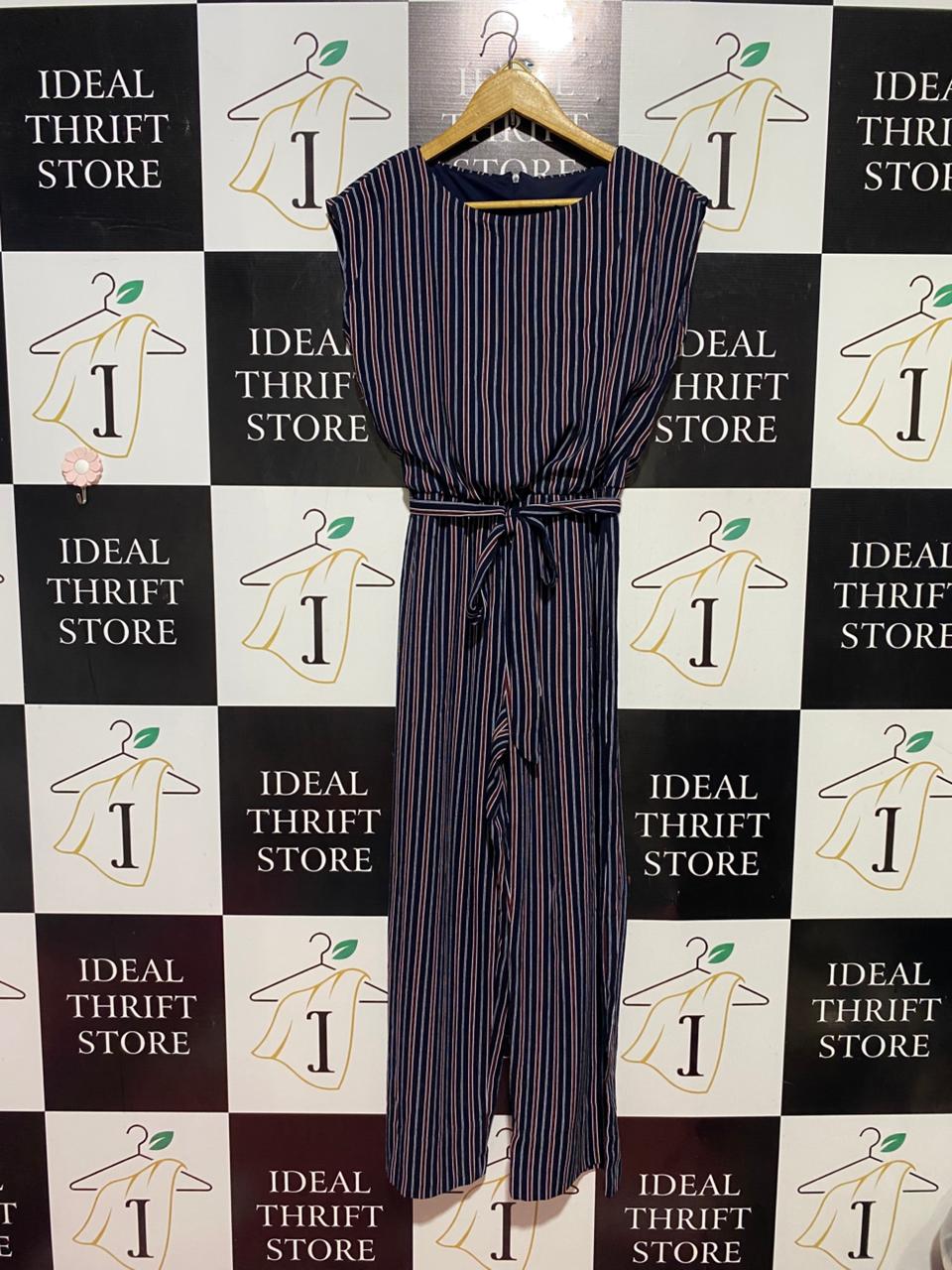 ENFOCUS |M| BUST 18| B40| NAVY BLUE STRIPED WIDE-LEG JUMPSUIT SLEEVELESS TIE-WAIST ONE-PIECE
