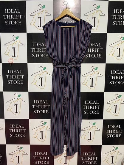 ENFOCUS |M| BUST 18| B40| NAVY BLUE STRIPED WIDE-LEG JUMPSUIT SLEEVELESS TIE-WAIST ONE-PIECE