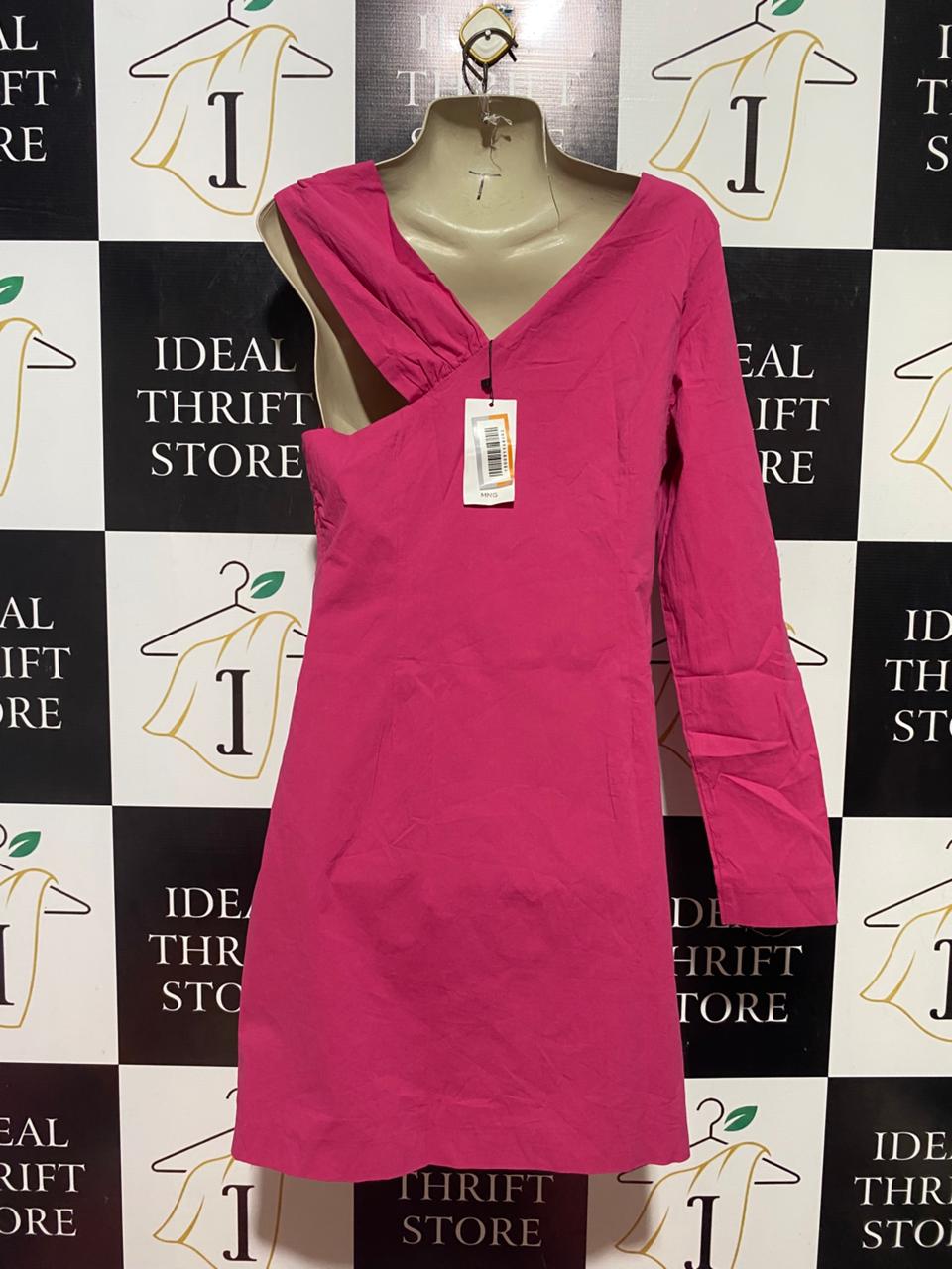 MNG |M| BUST 17| B40| CHIC HOT PINK ONE-SHOULDER MINI DRESS ASYMMETRICAL LONG SLEEVE PARTY DRESS