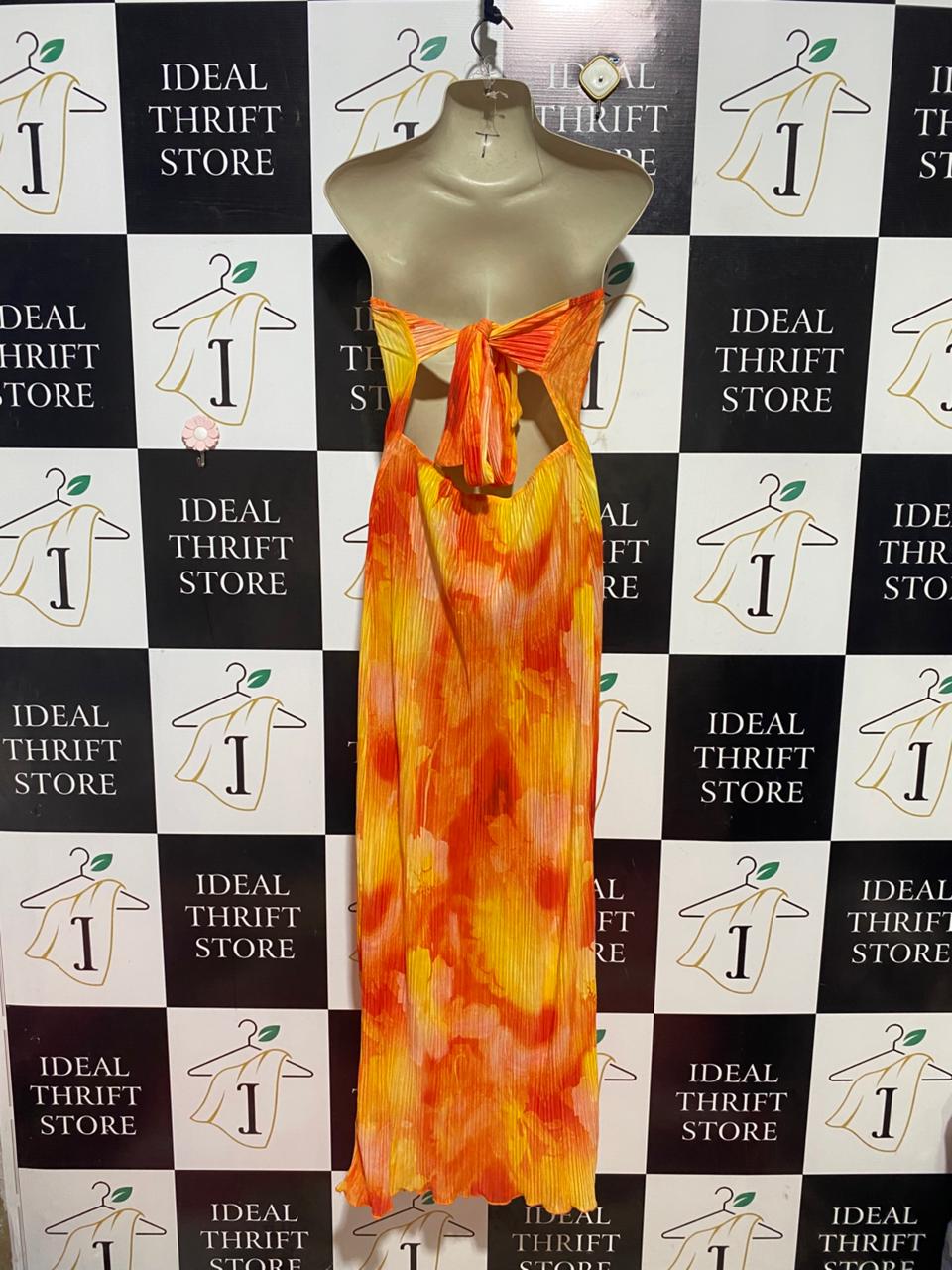 SHEIN |S| BUST 17| B40| VIBRANT ORANGE AND YELLOW WATERCOLOR FLORAL PLEATED TUBE MAXI DRESS