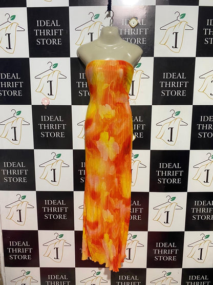 SHEIN |S| BUST 17| B40| VIBRANT ORANGE AND YELLOW WATERCOLOR FLORAL PLEATED TUBE MAXI DRESS