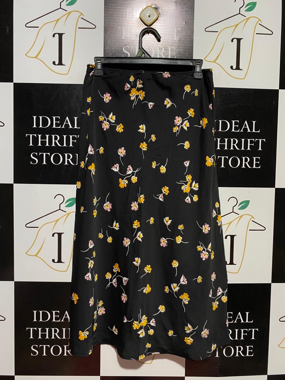 POPSUGAR |L| WAIST 29| B39| BLACK FLORAL PRINT MIDI SKIRT YELLOW AND PINK DITSY FLOWER SLIP SKIRT