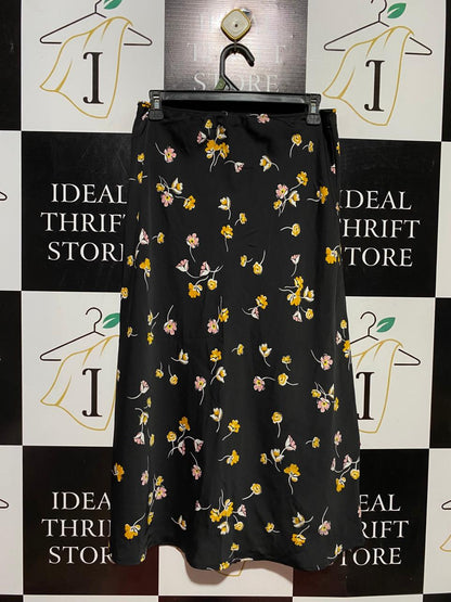 POPSUGAR |L| WAIST 29| B39| BLACK FLORAL PRINT MIDI SKIRT YELLOW AND PINK DITSY FLOWER SLIP SKIRT