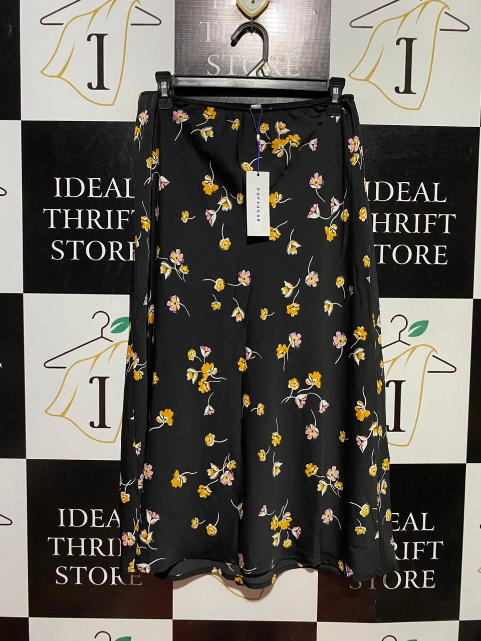POPSUGAR |L| WAIST 29| B39| BLACK FLORAL PRINT MIDI SKIRT YELLOW AND PINK DITSY FLOWER SLIP SKIRT