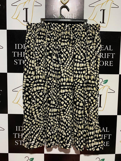 BONMARCHE |XXL| WAIST 38| B39| BLACK AND CREAM ABSTRACT PRINT MIDI SKIRT TIRED RUFFLE HEM CASUAL SKIRT