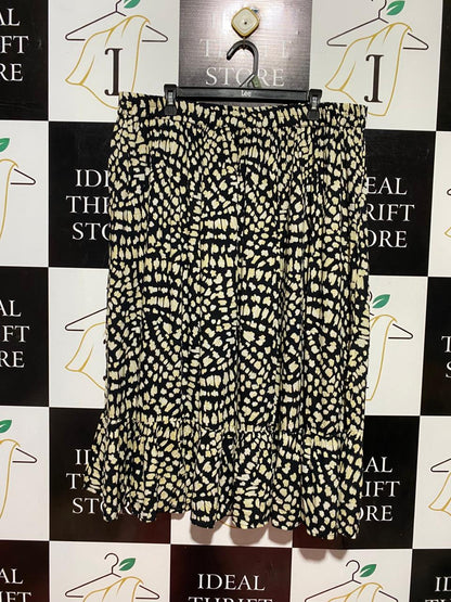 BONMARCHE |XXL| WAIST 38| B39| BLACK AND CREAM ABSTRACT PRINT MIDI SKIRT TIRED RUFFLE HEM CASUAL SKIRT