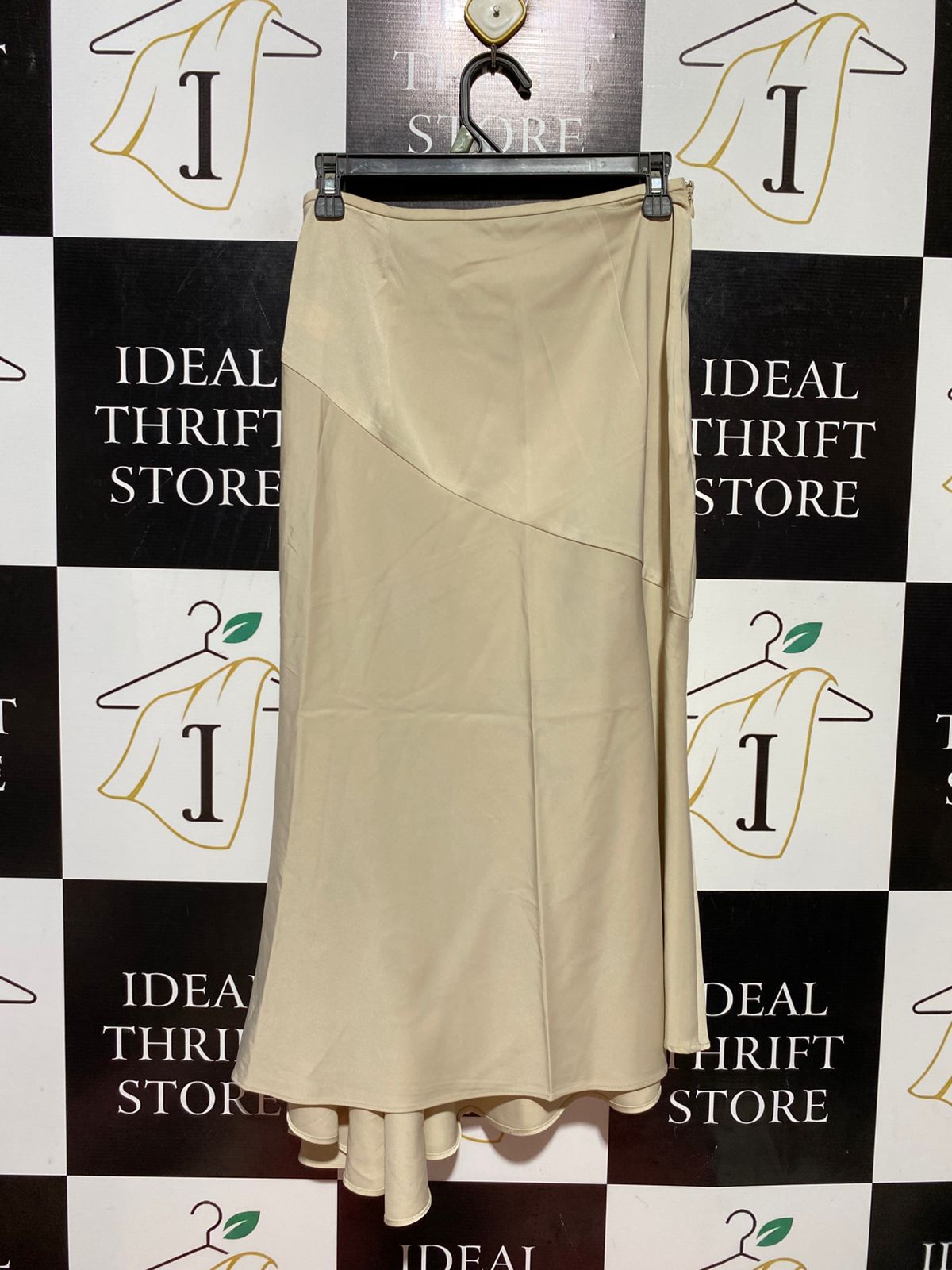 SHEIN |S| WAIST 26| B39| CHAMPAGNE BEIGE SATIN ASYMMETRIC PANEL MIDI SKIRT WITH FLUID FLARED HEM