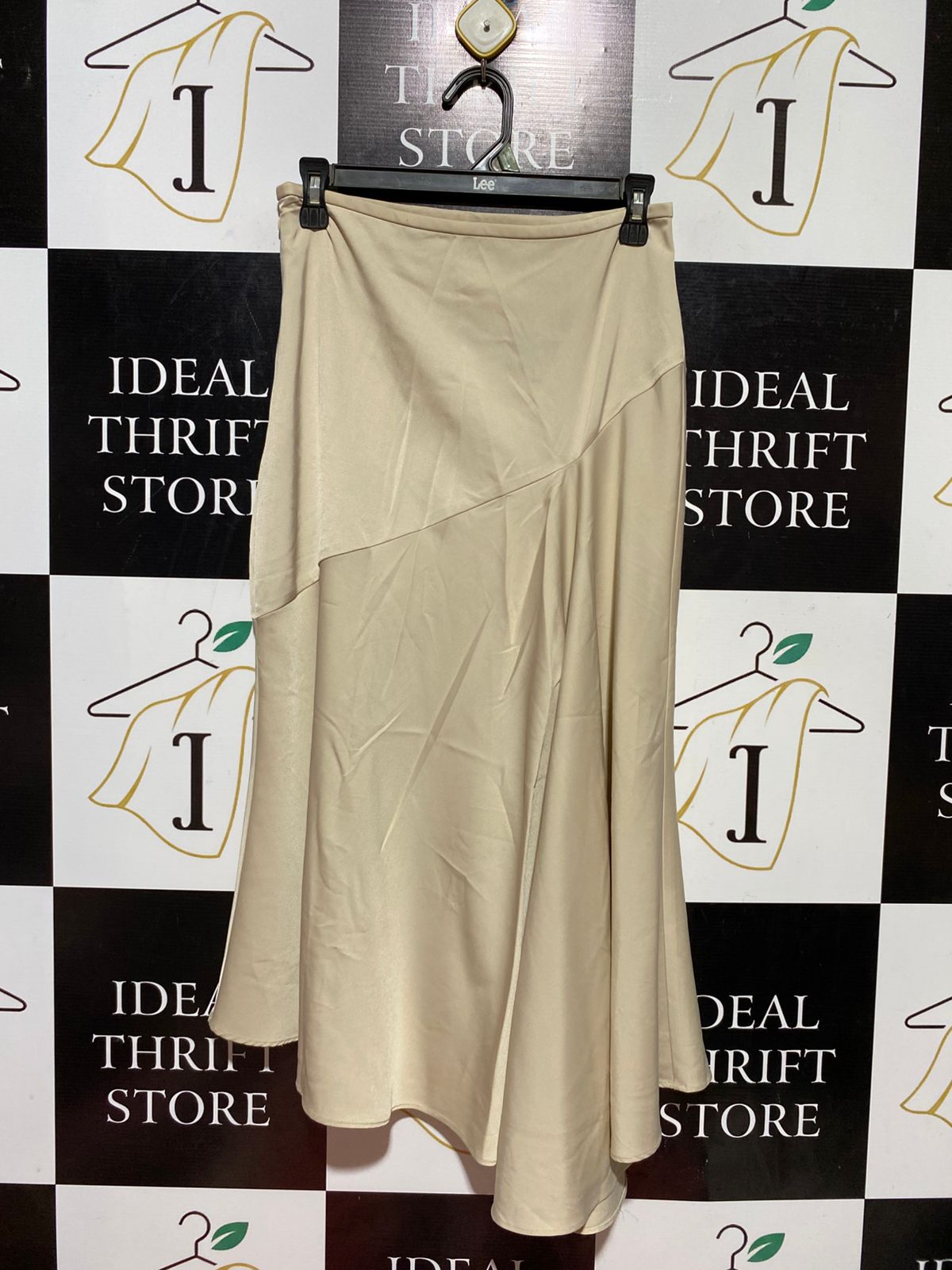SHEIN |S| WAIST 26| B39| CHAMPAGNE BEIGE SATIN ASYMMETRIC PANEL MIDI SKIRT WITH FLUID FLARED HEM