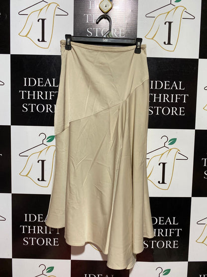 SHEIN |S| WAIST 26| B39| CHAMPAGNE BEIGE SATIN ASYMMETRIC PANEL MIDI SKIRT WITH FLUID FLARED HEM