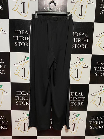 |L| WAIST 29| B39| BLACK WIDE-LEG TRACK PANTS WITH WHITE SIDE STRIPE AND SNAP BUTTON