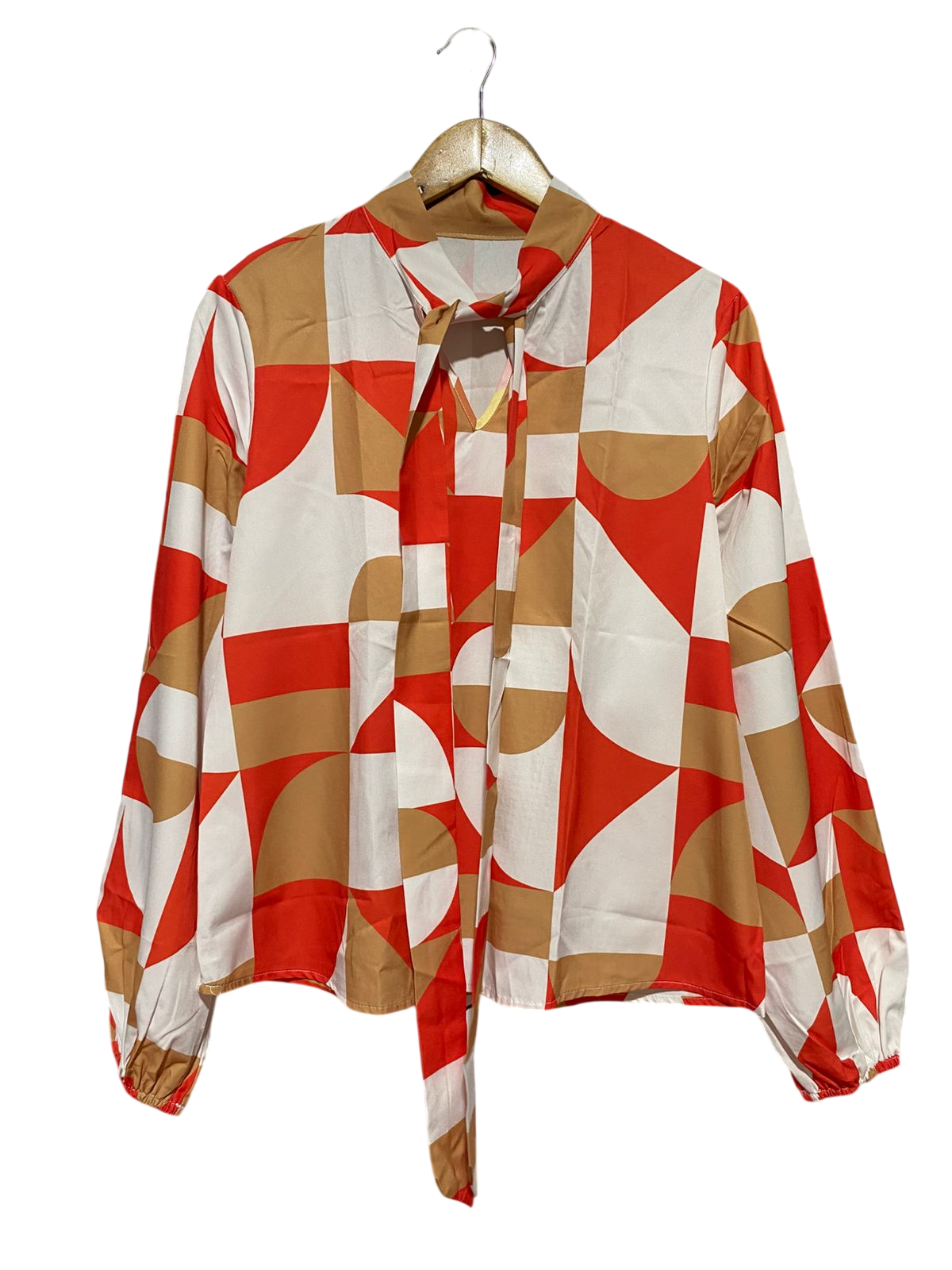 |M| BUST 19| B40| GEOMETRIC ABSTRACT PRINT LONG SLEEVE BLOUSE WITH PUSSY BOW TIE NECKLINE