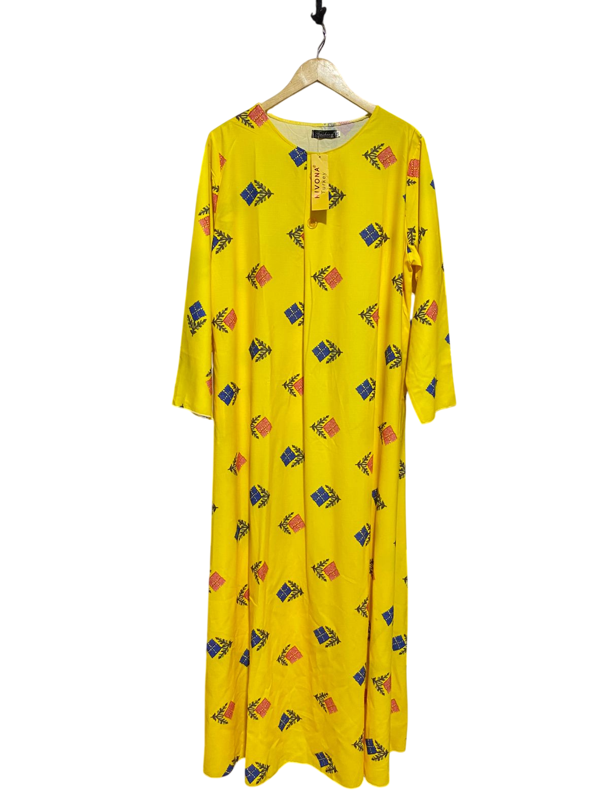 FASHION |XL| BUST 23| B40| YELLOW GEOMETRIC MOTIF LONG SLEEVE MAXI DRESS