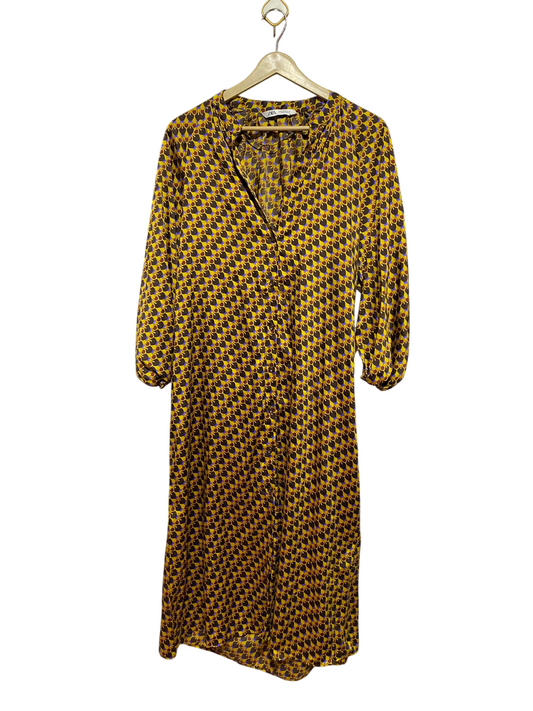 ZARA |M| BUST 19| B40| GEOMETRIC PRINT V-NECK LONG SLEEVE MAXI BUTTON-DOWN DRESS