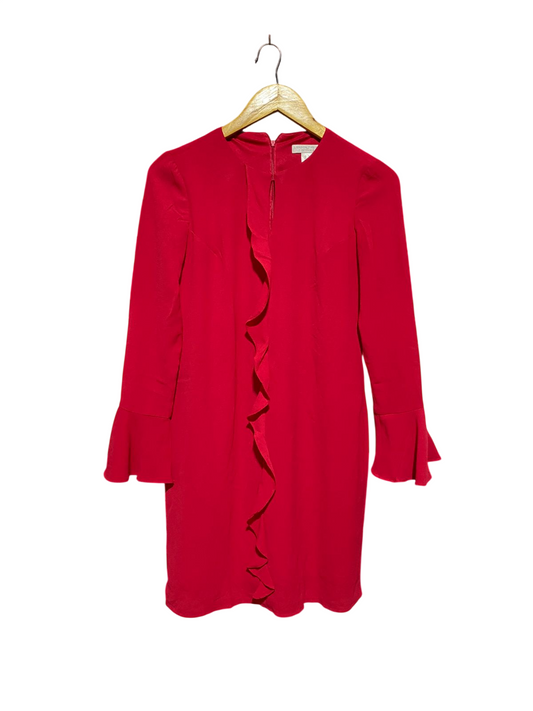 LONDON TIMES |M| BUST 17| B40| VIBRANT RED RUFFLE FRONT MINI DRESS WITH FLUTTER SLEEVES