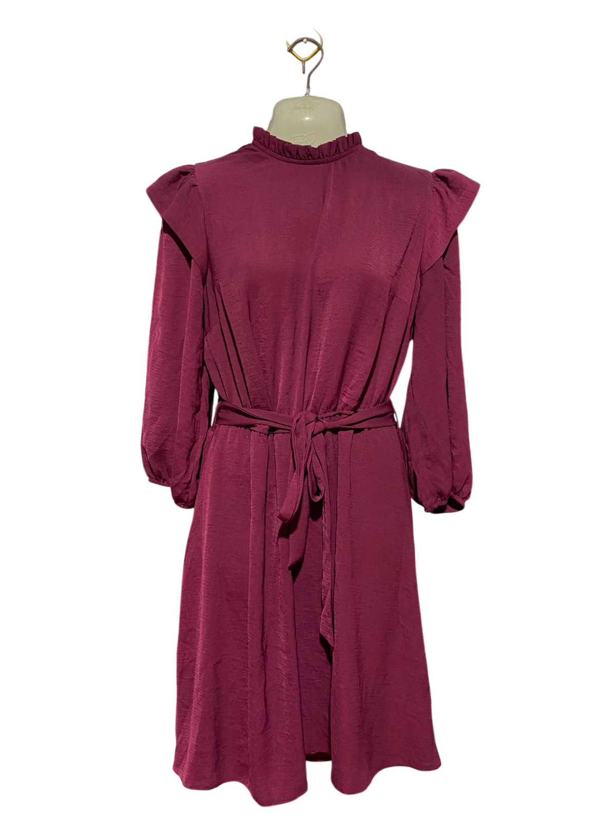 NEW LOOK |M| BUST 19| B40| PLUM RUFFLE MOCK NECK MINI DRESS WITH BELT
