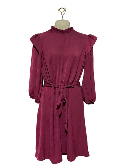 NEW LOOK |M| BUST 19| B40| PLUM RUFFLE MOCK NECK MINI DRESS WITH BELT
