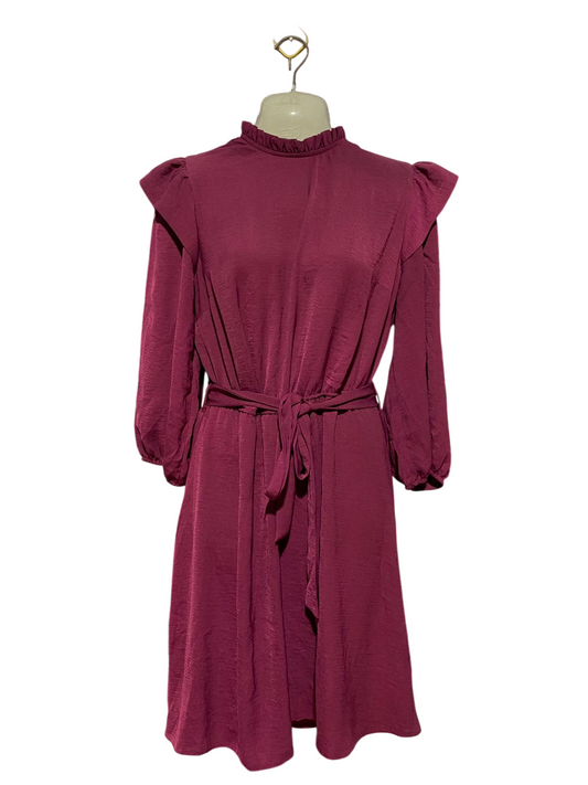 NEW LOOK |M| BUST 19| B40| PLUM RUFFLE MOCK NECK MINI DRESS WITH BELT