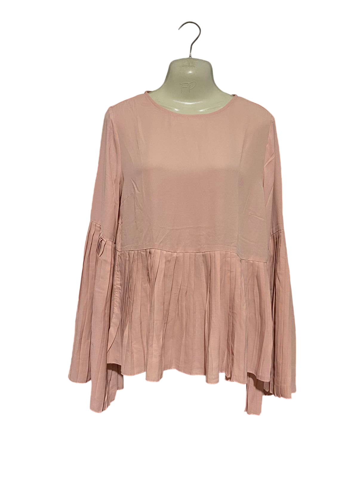 SHEIN |L| BUST 20| B40| SOLID BLUSH PINK PLEATED PEPLUM BLOUSE WITH FLARED SLEEVES