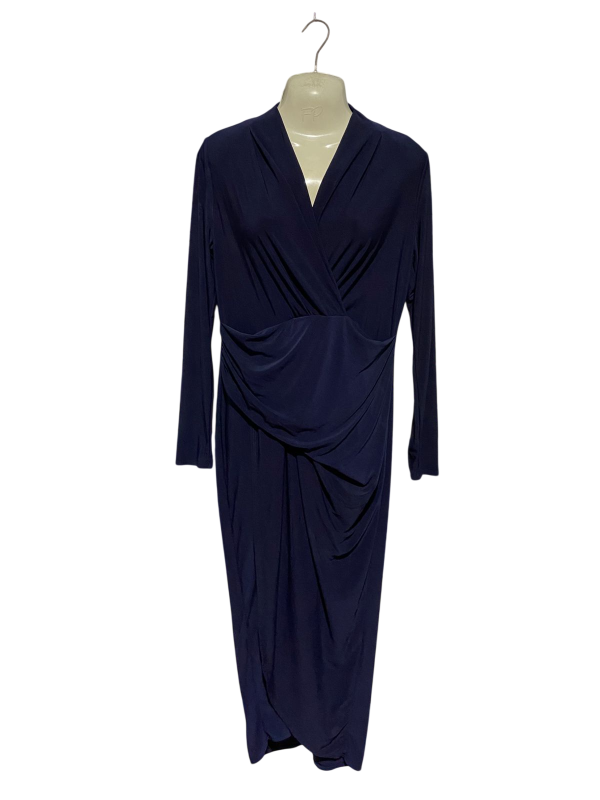 BILLIR & BLOSSOM |M| BUST 17| B40| SOLID NAVY BLUE WRAP-FRONT LONG SLEEVE MIDI DRESS WITH DRAPED DETAILS