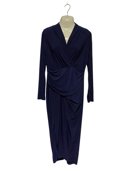 BILLIR & BLOSSOM |M| BUST 17| B40| SOLID NAVY BLUE WRAP-FRONT LONG SLEEVE MIDI DRESS WITH DRAPED DETAILS