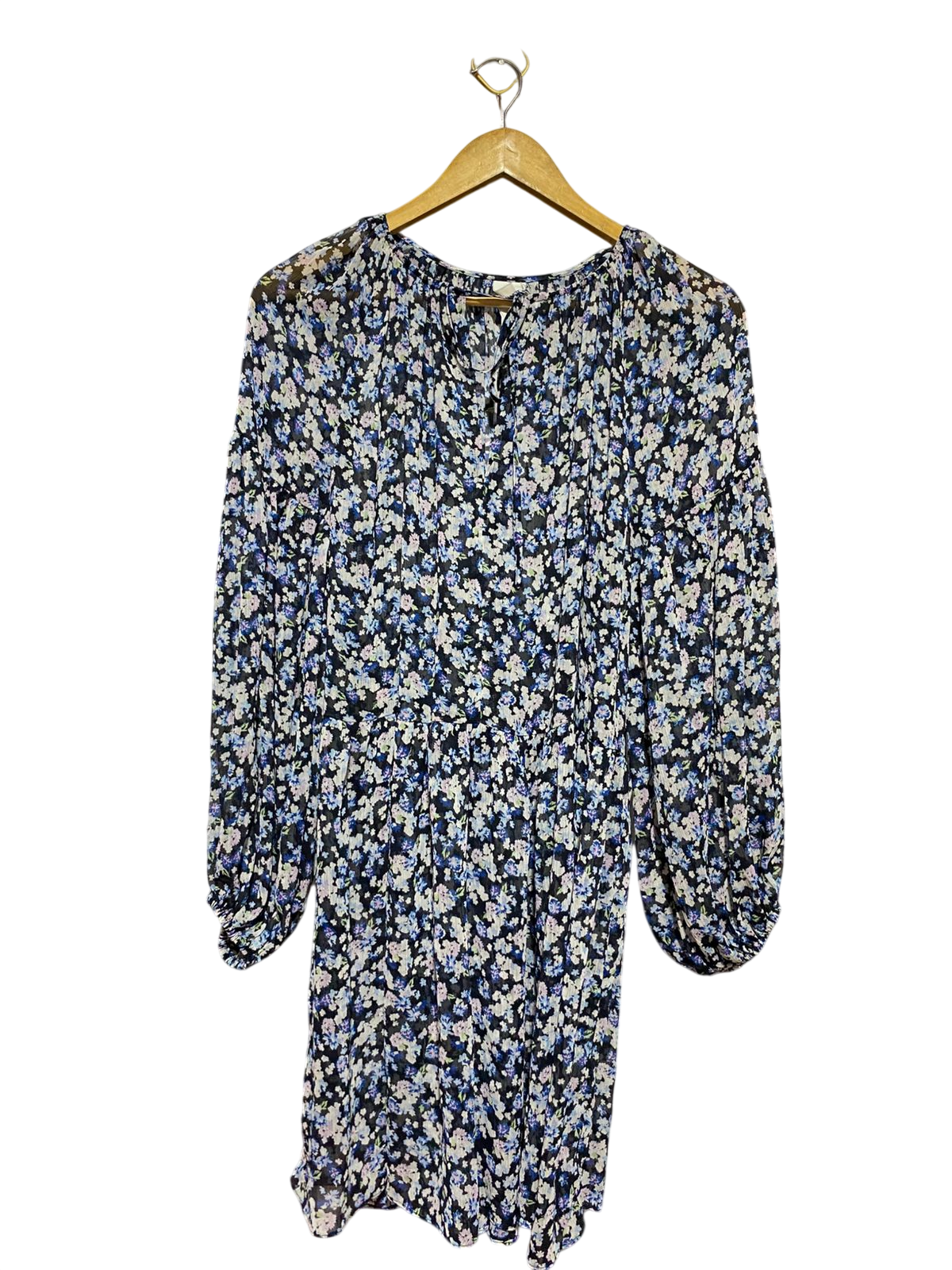 H&M |M| BUST FREE| B40| FLORAL PRINT LONG BALLOON SLEEVE MINI DRESS WITH TIE NECK