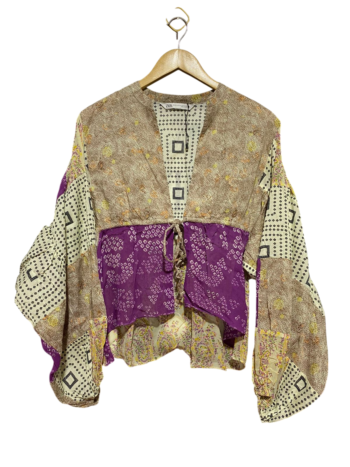 ZARA |XS| BUST FREE| B40| VINTAGE PURPLE AND BEIGE MIXED MOTIF CHIC TOP