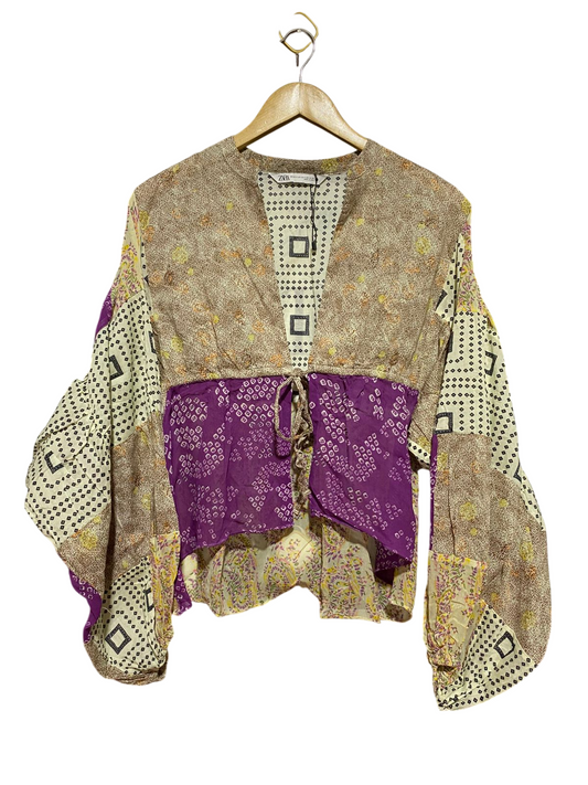 ZARA |XS| BUST FREE| B40| VINTAGE PURPLE AND BEIGE MIXED MOTIF CHIC TOP
