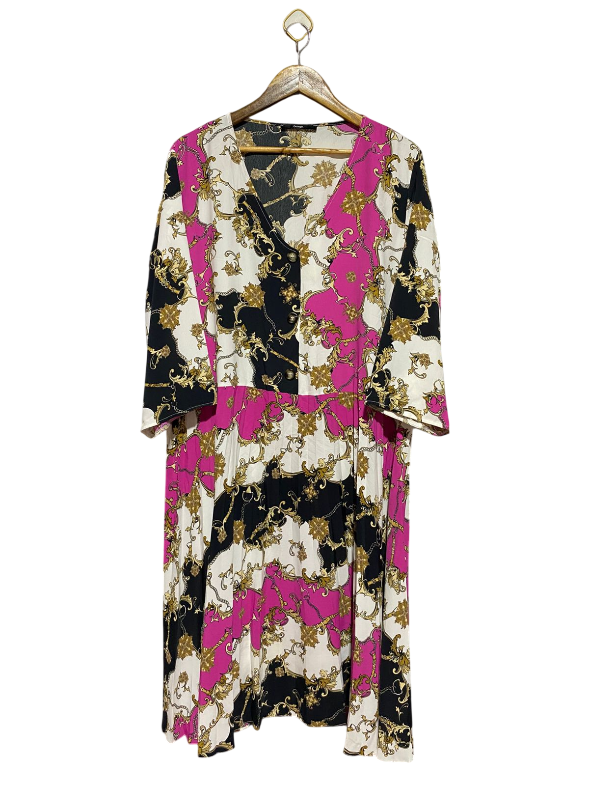 GEORGE |XL| BUST 26| B40| VIBRANT MAGENTA AND BLACK REGAL MOTIF MAXI DRESS