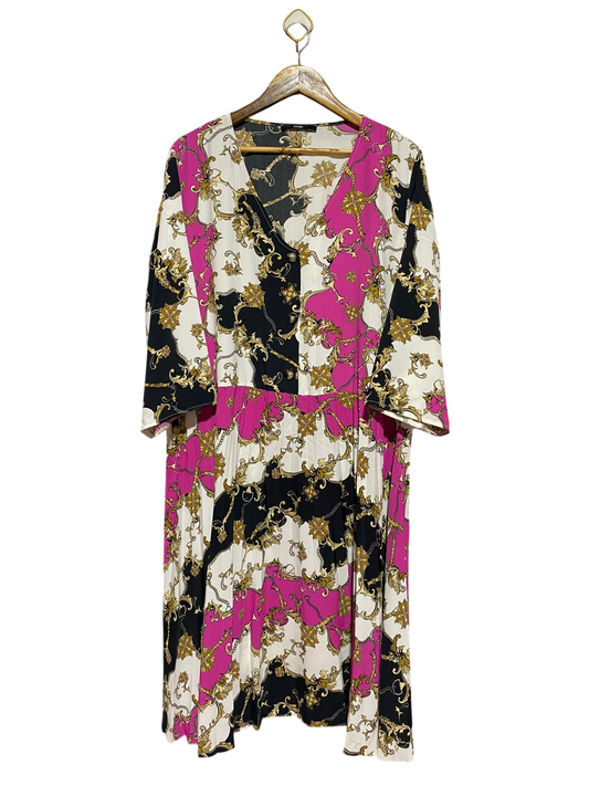 GEORGE |XL| BUST 26| B40| VIBRANT MAGENTA AND BLACK REGAL MOTIF MAXI DRESS