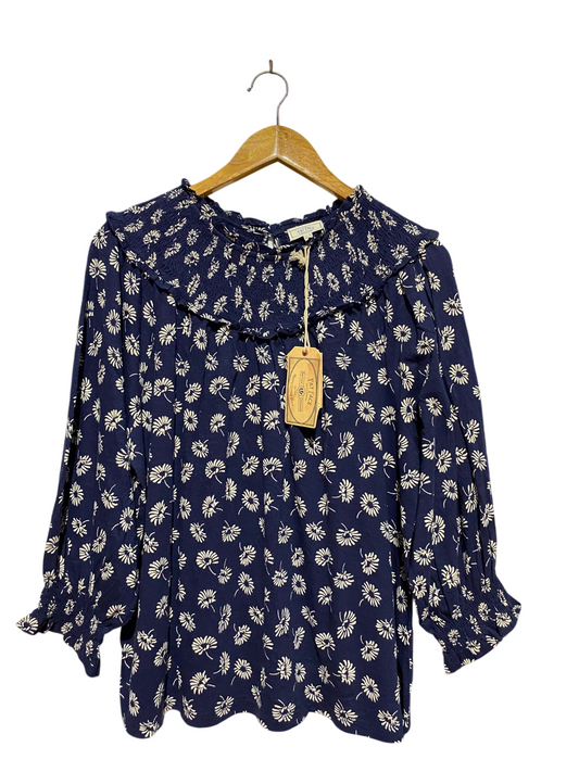 FAT FACE |L| BUST 23| B40| NAVY BLUE FLORAL SMOCKED BLOUSE