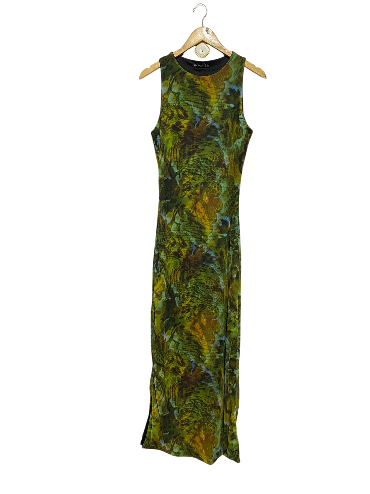 BOOHOO |M| BUST 18| B41| EARTHY GREEN ABSTRACT PRINT MAXI DRESS