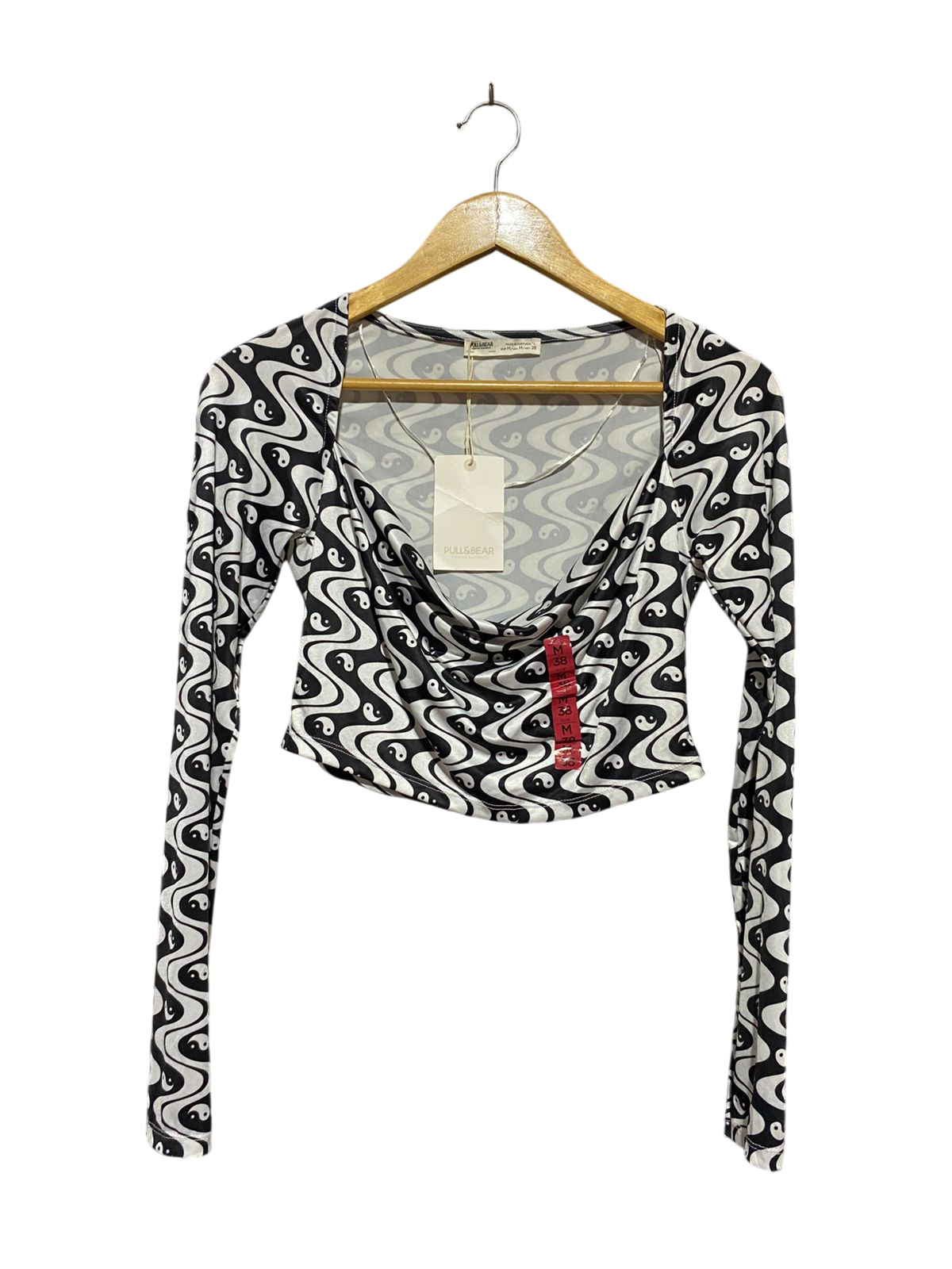 PULL & BEAR |S| BUST 15| B41| BLACK AND WHITE YIN-YANG RETRO CROP TOP