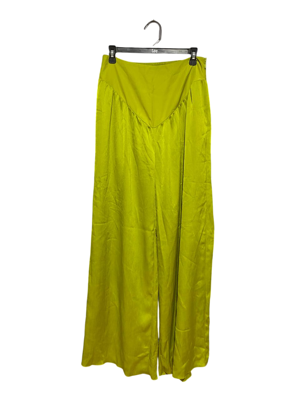 SAMPLE |L| WAIST 29| B41| CHARTREUSE LIME GREEN SATIN WIDE-LEG PANTS