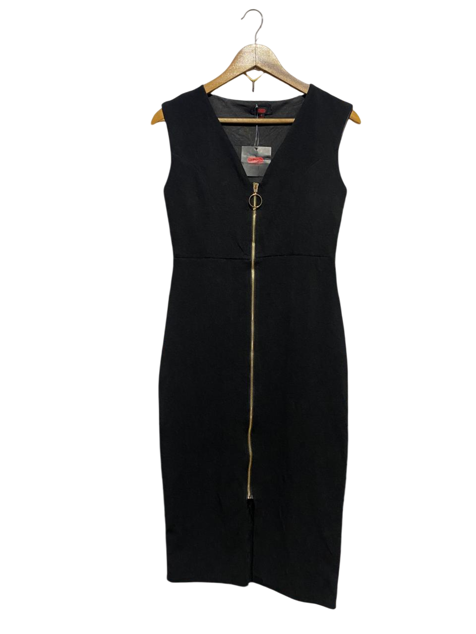 SES |S| BUST 15| B41| BLACK FRONT ZIPPER BODYCON DRESS - SLEEVELESS V-NECK SHEATH DRESS WITH O-RING PULL