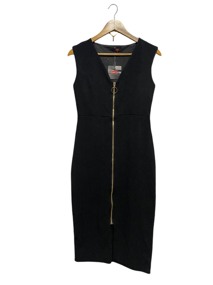 SES |S| BUST 15| B41| BLACK FRONT ZIPPER BODYCON DRESS - SLEEVELESS V-NECK SHEATH DRESS WITH O-RING PULL