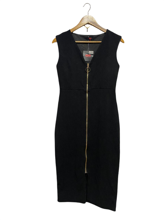 SES |S| BUST 15| B41| BLACK FRONT ZIPPER BODYCON DRESS - SLEEVELESS V-NECK SHEATH DRESS WITH O-RING PULL
