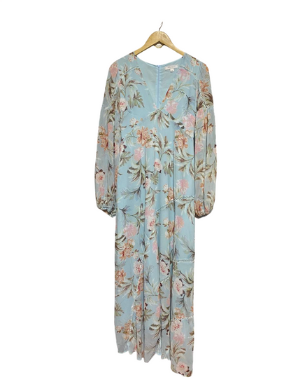 BELLE & BLOOM |M| BUST 17| B41| LIGHT BLUE FLORAL PRINT MAXI DRESS - BOHO LONG SLEEVE V-NECK TIERED SUMMER DRESS