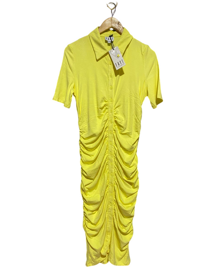 FAYT |L| BUST 19| B41| NEON LIME YELLOW RUCHED BUTTON-FRONT SHIRT DRESS - SHORT SLEEVE COLLARED BODYCON MIDI