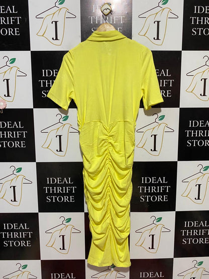 FAYT |L| BUST 19| B41| NEON LIME YELLOW RUCHED BUTTON-FRONT SHIRT DRESS - SHORT SLEEVE COLLARED BODYCON MIDI